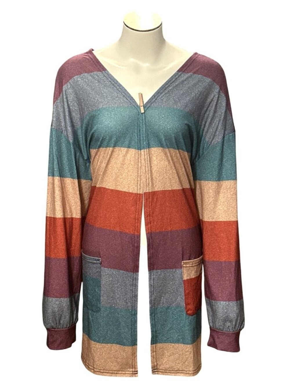 Colorful Striped Long Sleeve Open Front Cardigan Pockets Lightweight Stretchy Fi